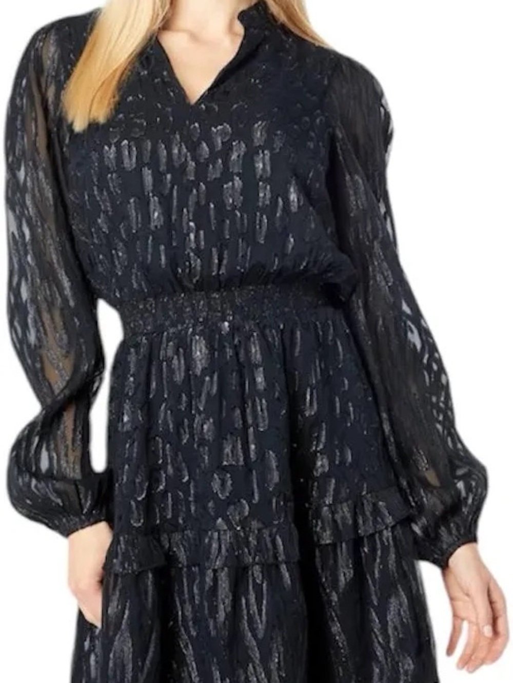Lilly Pulitzer Black Metallic-Print Long Sleeve Cinched Waist Dress